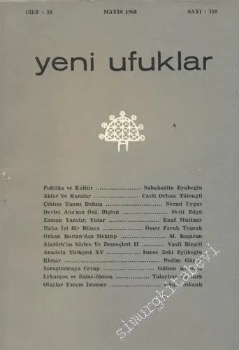 Yeni Ufuklar Aylık Sanat Fikir Dergisi - Sayı: 192, Mayıs 1968       1968