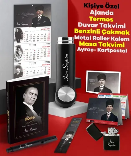 2026 Atatürk Gazi Paşa Ajanda - Termos - Gazi Duvar Takvimi - Masa Takvimi - Ayraç - Kartpostal - Metal Roller Kalem ve Benzinli Çakmak