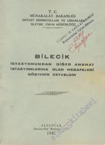 Bilecik İstasyonundan Diğer Anahat İstasyonlarına Olan Mesafeleri Gösterir Cetveldir -