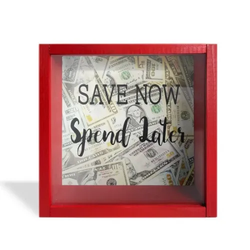 Camlı Ahşap Kumbara Save Now Kırmızı