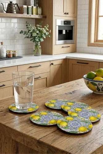 Sicilya Serisi Limon Desenli Bardak Altlığı 6'lı Set – UV Baskı, 3 mm MDF Dekoratif Bardak Altlık