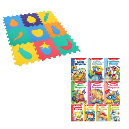 9 Parça Büyükboy Sebzeli Yer Karosu Puzzle & 10 Kitap Boyama Kitabı Se
