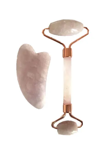 Pembe Kuvars Roller Yüz Masaj Aparatı- Gua Sha Pembe Kuvars Taşı Kalp 