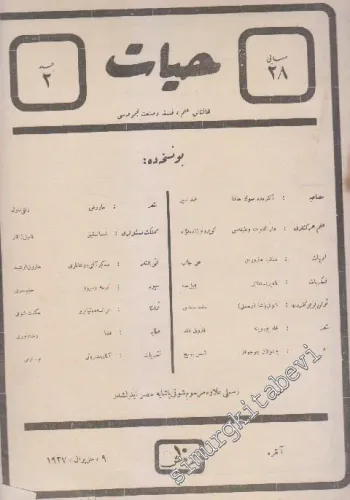 OSMANLICA: Hayat: Haftalık İlim, Felsefe ve Sanat Mecmuası -   Cilt: 2     9 Haziran 1927