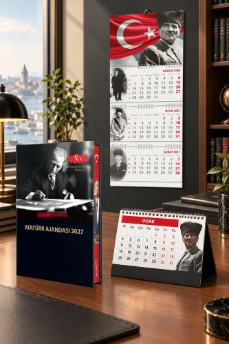 2027 Atatürk Ciltli Ajanda - Ayyıldız Duvar Takvimi - Masa Takvimi