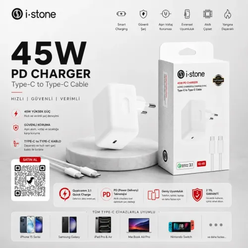 İQ-45 45W Dynamic Power Adapter + Type-C to Type-C Kablo