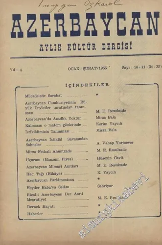 Azerbaycan - Aylık Kültür Dergisi - Sayı: 10-11 (34-35), Ocak - Şubat 