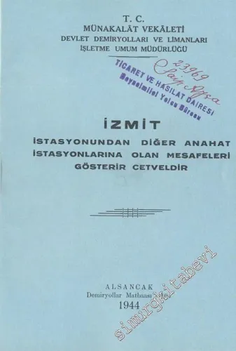 İzmit İstasyonundan Diğer Anahat İstasyonlarına Olan Mesafeleri Gösterir Cetveldir -