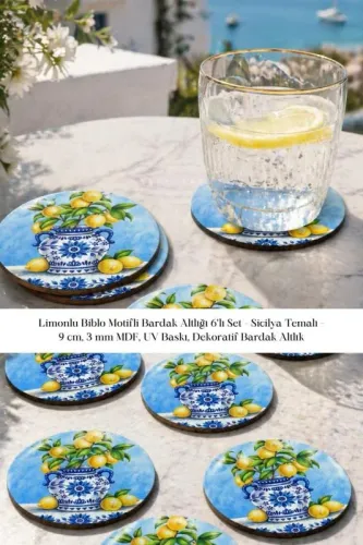 Limonlu Biblo Motifli Bardak Altlığı 6'lı Set – Sicilya Temalı - 9 cm, Limonlu Biblo Motifli Bardak Altlığı 6'lı Set – Sicilya Temalı - 9 cm,