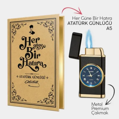 Atatürk Günlüğü A5 ve Mat Siyah Saatli Çakmak