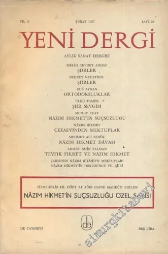 Yeni Dergi - Aylık Sanat Dergisi, Nazım Hikmet' in Suçsuzluğu Özel Sayısı - Sayı: 29    3  Şubat 1967