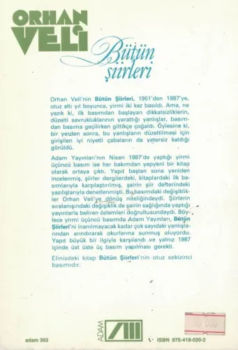 Bütün Şiirleri / Orhan Veli Orhan Veli Kanık Adam Yayınları %63 indiri