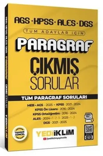 Yediiklim Yayınları AGS KPSS ALES DGS Tüm Adaylar İçin Paragraf Tamamı PDF Çözümlü Tüm Paragraf Soruları Çıkmış Sorular