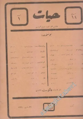 OSMANLICA: Hayat: Haftalık İlim, Felsefe ve Sanat Mecmuası -   Cilt: 1    31 Mart 1927