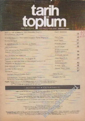 Tarih ve Toplum Aylık Ansiklopedik Dergi - Sayı: 92  16    Ağustos  1991