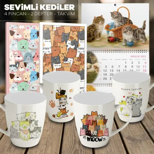 Sevimli Kediler 4 Kupa 2 Defter 1 Takvim -3