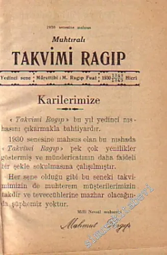 1930 Senesine Mahsus MuhtıralıTakvimi Ragıp  -        1929