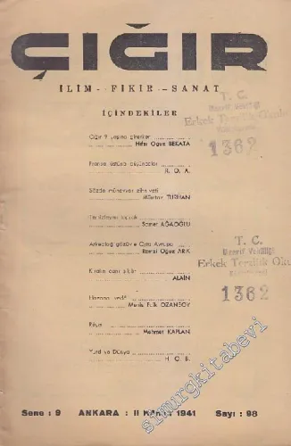 Çığır İlim, Fikir, Sanat Dergisi - Sayı: 98  10  9  II Kanun