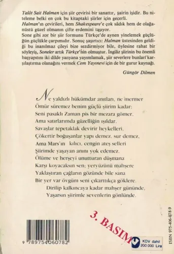 Shakespeare Tüm Soneler Talat Sait Halman Cem Yayınevi %77 indirimli