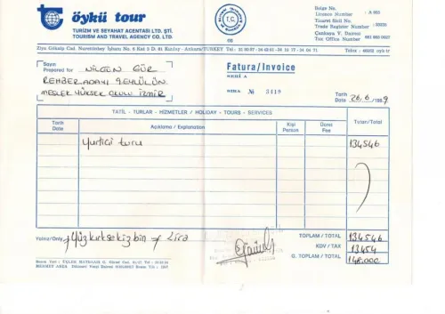 Öykü Tour - Fatura - Invoice 1989