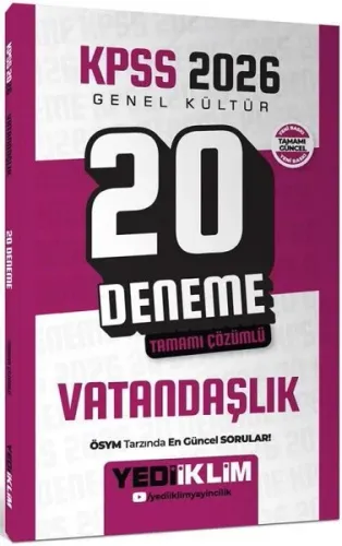 Yediiklim Yayınları 2026 KPSS Genel Kültür Vatandaşlık Tamamı Çözümlü 20 Deneme