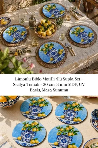 Limonlu Biblo Motifli 4'lü Supla Set – Sicilya Temalı - 30 cm, 3 mm M