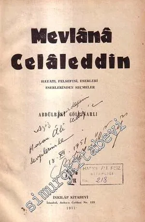 Mevlana Celaleddin Hayatı, Felsefesi, Eserleri, Eserlerinden Seçmeler  -        1951