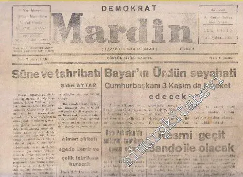 Demokrat Mardin Günlük Siyasi Gazete - Bayar'ın Ürdün Seyahati - Sayı: 346  Yıl: 2    Ekim 1955