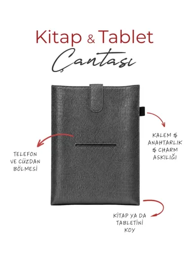 Yeni Nesil Kitap ve Tablet Çantası - Özel Deri Dokulu (ANTRASİT)