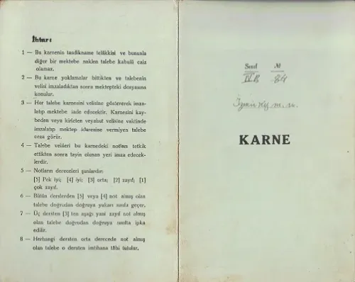 1934 - 1935 Yılı İzmir Kız Muallim Mektebi Öğrenci Karnesi