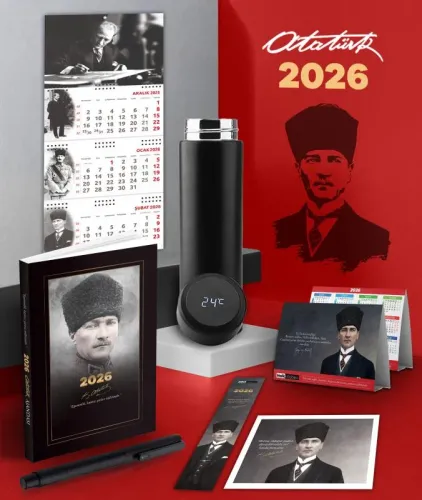 2026 Atatürk Komutan Ajanda - İmza Duvar Takvimi - Masa Takvimi - Ayraç - Kartpostal - Metal Roller Kalem ve Dereceli Termos
