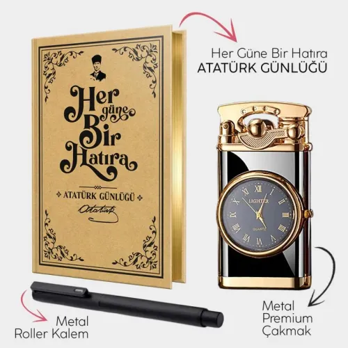 Atatürk Günlüğü - Retro Piano Black Saatli Çakmak - Metal Roller Kalem