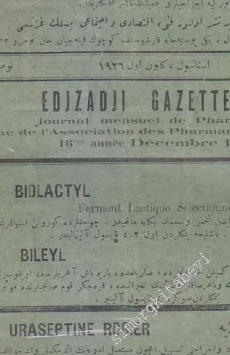 OSMANLICA: Eczacı = Eczacı Gazettessi: Fenni Eczacı Gazetesidir -     16   1926