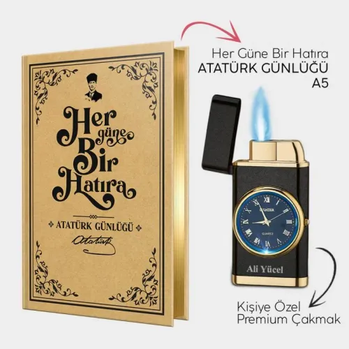 Kişiye Özel - Mat Siyah Saatli Çakmak ve Atatürk Günlüğü A5