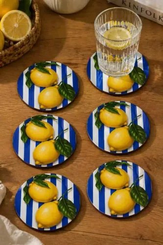 Çizgili Limon Desenli Bardak Altlığı 6'lı Set – 9 cm, 3 mm MDF, UV Bas Çizgili Limon Desenli Bardak Altlığı 6'lı Set – 9 cm, 3 mm MDF, UV Bas
