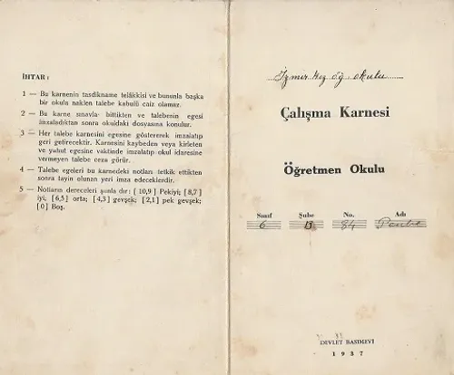 1936 - 1937 Yılı İzmir Kız Öğretmen Okulu Öğrenci Karnesi