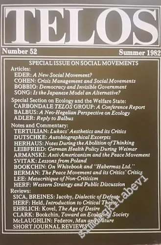 Telos: A Quarterly Journal of Radical Thought - Special Issue on Terrorism and State Terrorism - Special Issue on Social Movements - Number: 52, Summer -        1982