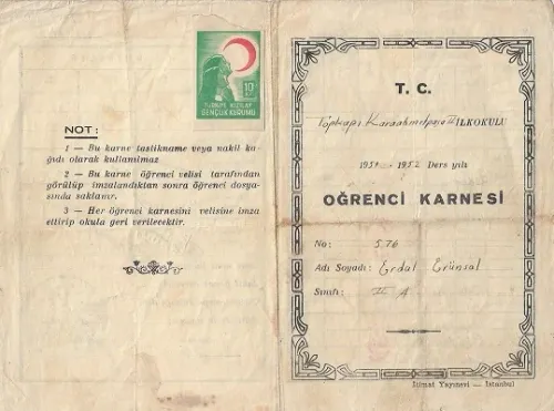 Topkapı Karaahmetpaşa II İlkokulu 1951-1952 Ders Yılı Öğrenci Karnesi- Erdal Erünsal