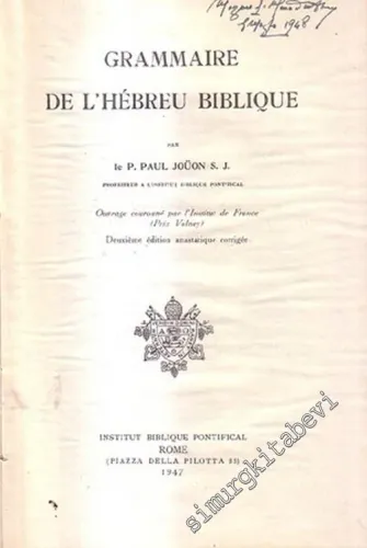 Grammaire De L'Hebreu Biblique -        1947