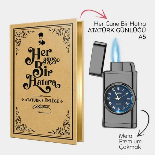Atatürk Günlüğü A5 ve Piano Black Saatli Çakmak