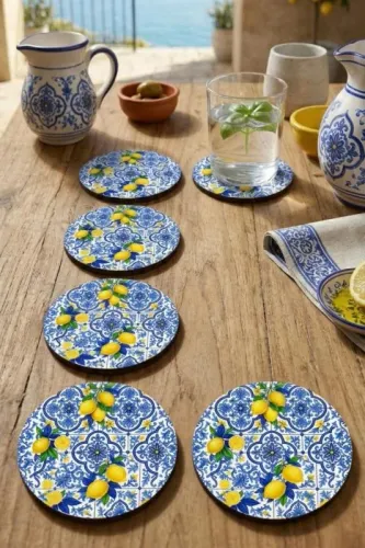 Motifli ve Limon Desenli Bardak Altlığı 6'lı Set – Sicilya Temalı - 9 Motifli ve Limon Desenli Bardak Altlığı 6'lı Set – Sicilya Temalı - 9